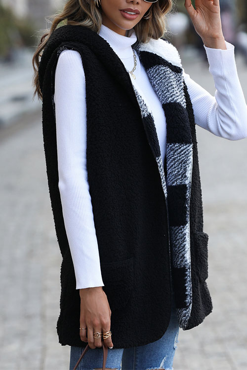 Kathiadress  Hooded plaid double-sided velvet loose jacket