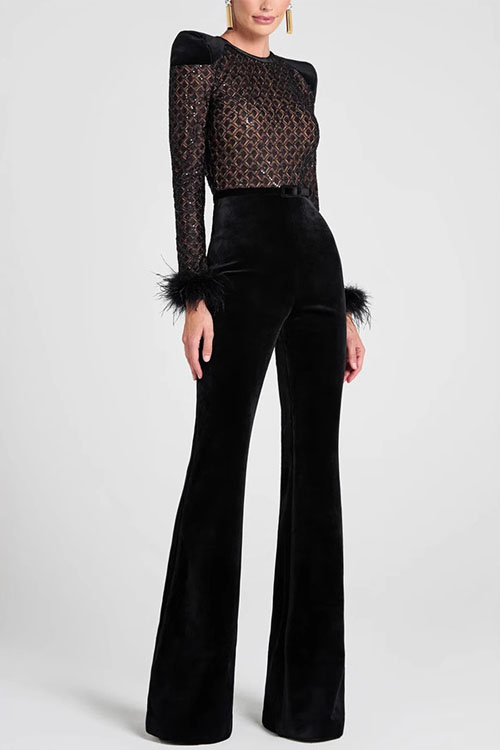 Kathiadress velvet paneled long-sleeved party jumpsuit