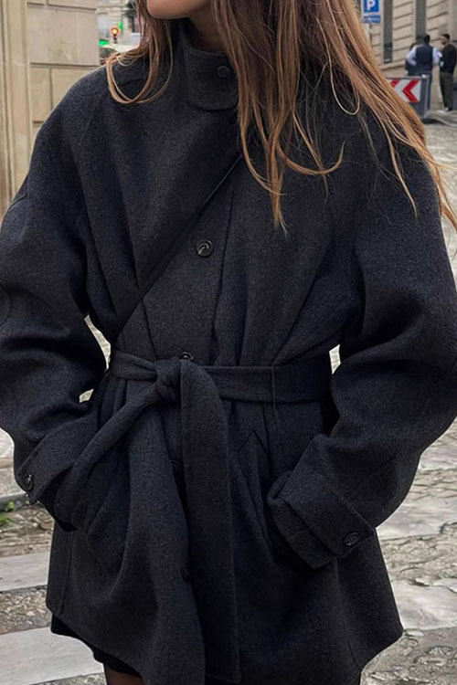 Kathiadress Belted half turtleneck solid color woolen coat