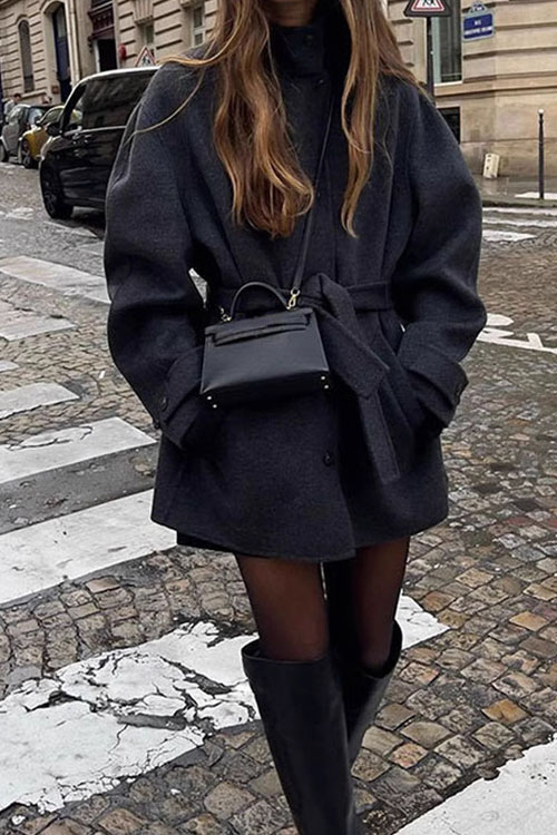 Kathiadress Belted half turtleneck solid color woolen coat