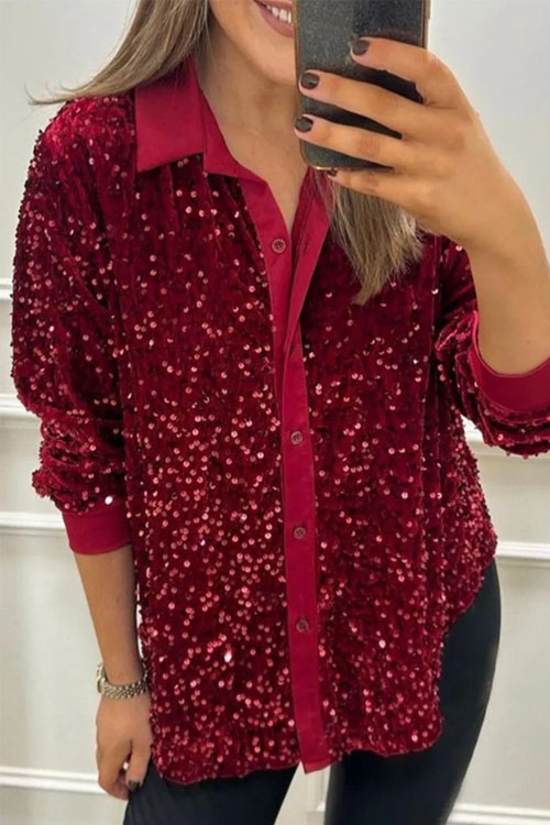 Kathiadress Stylish lapel button-down sequined shirt top