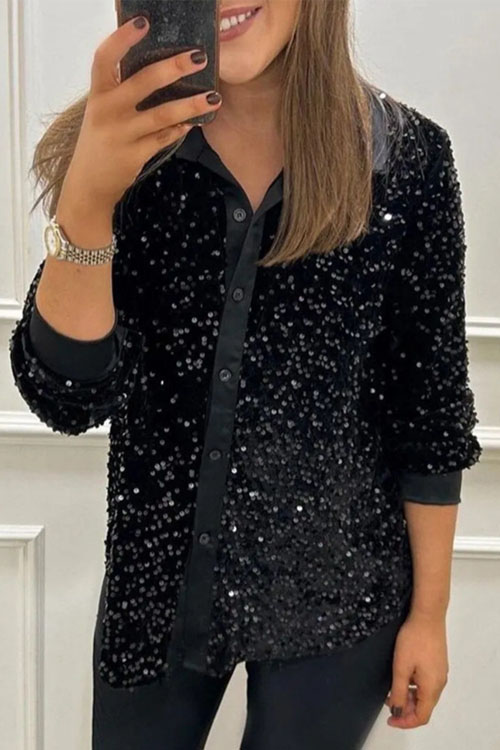 Kathiadress Stylish lapel button-down sequined shirt top