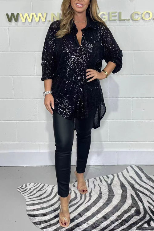 Kathiadress sequined lapel long sleeve cardigan top