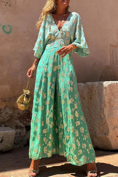 Kathiadress  Printed V-neck open back waisted wide-leg jumpsuit