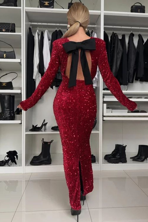 Kathiadress  Round neck solid color sequin mid-waist long dress