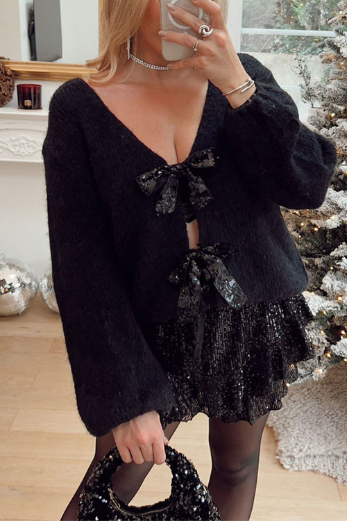 Kathiadress Sequin bow V-neck long-sleeved cardigan sweater