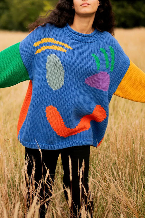 Kathiadress acquard contrast color pullover knitted sweater