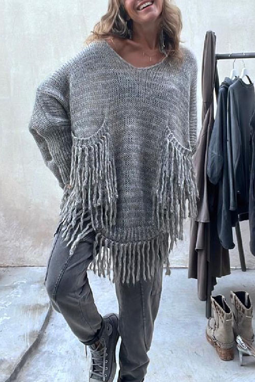 Kathiadress Fashionable V-neck loose tassel knitted sweater