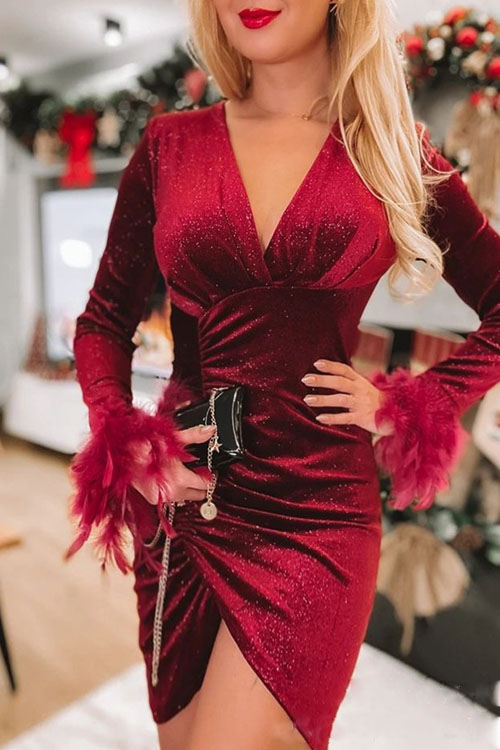 Kathiadress Stylish red shiny feather velvet dress