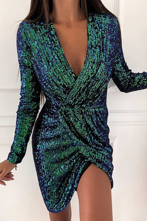 Kathiadress  Bronzing Long Sleeve V Neck Mini Dress