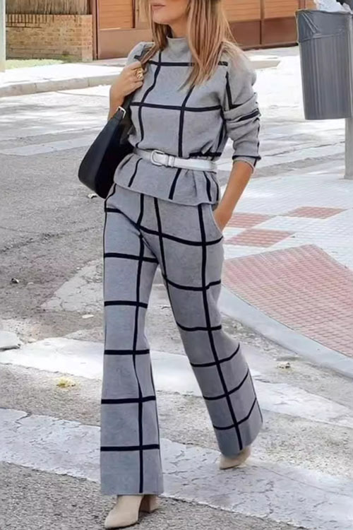 Kathiadress  Solid color high collar long sleeve plaid printed trousers suit