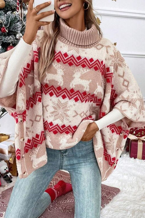 Kathiadress Turtleneck Christmas Elk Contrast Bat Sleeve Sweater