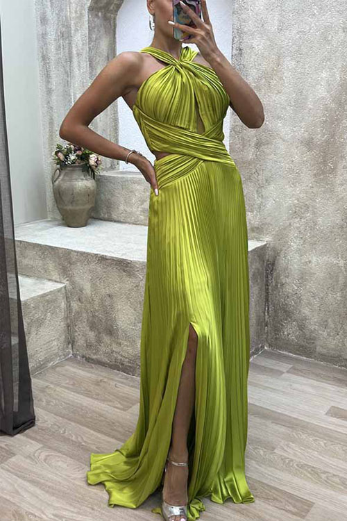 kathiadress Pleated Halter Slit Neck Party Dress