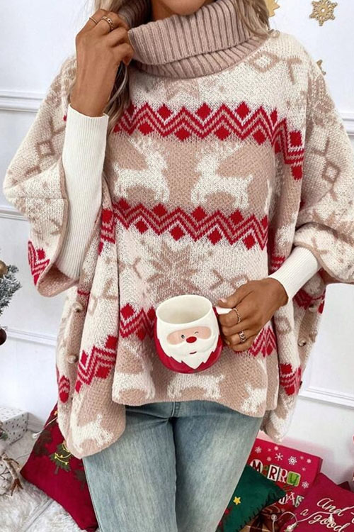 Kathiadress Turtleneck Christmas Elk Contrast Bat Sleeve Sweater