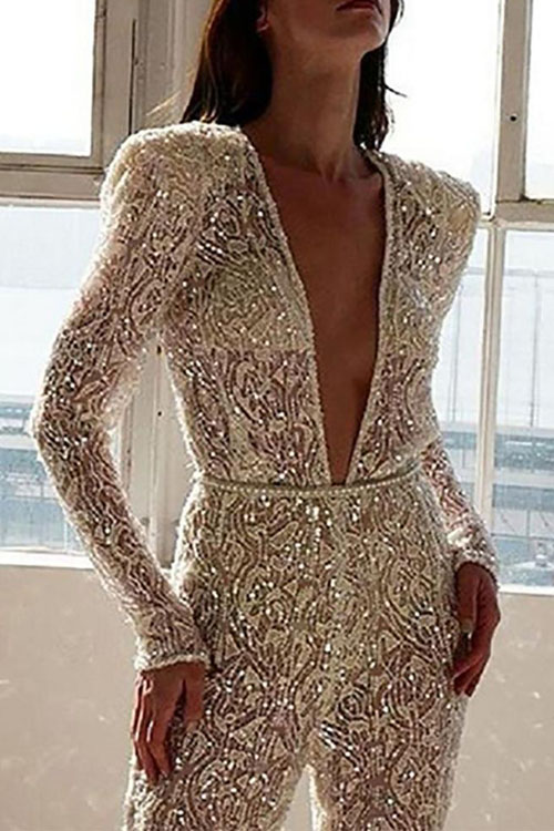 Kathiadress V-neck gold splashed long-sleeved trousers jumpsuit