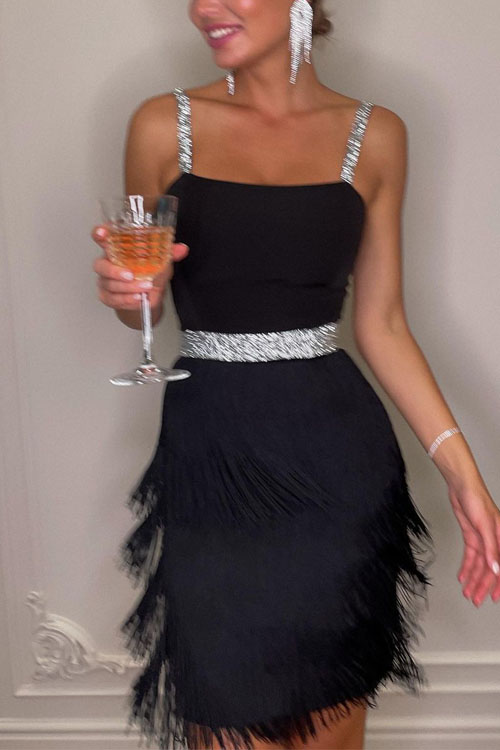 Kathiadress Date and dinner socialite style suspender fringed dress