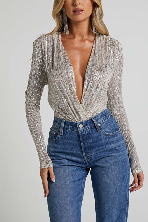 Kathiadress Deep V-neck long-sleeved shirt with sequined patchwork romper