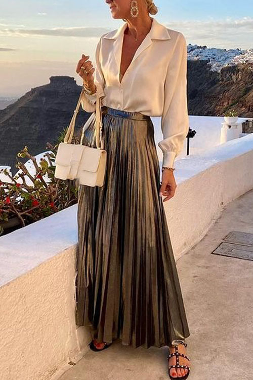 Kathiadress Satin long-sleeved shirt + metallic shiny skirt 