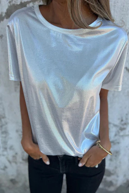 Kathiadress Loose Round Neck Metallic Short Sleeve T-Shirt