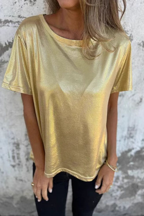 Kathiadress Loose Round Neck Metallic Short Sleeve T-Shirt