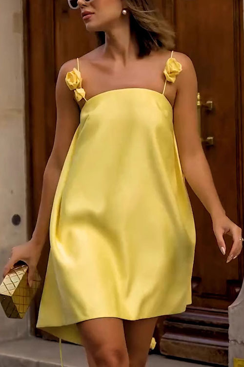 Kathiadress Halter Yellow Floral Satin Dress