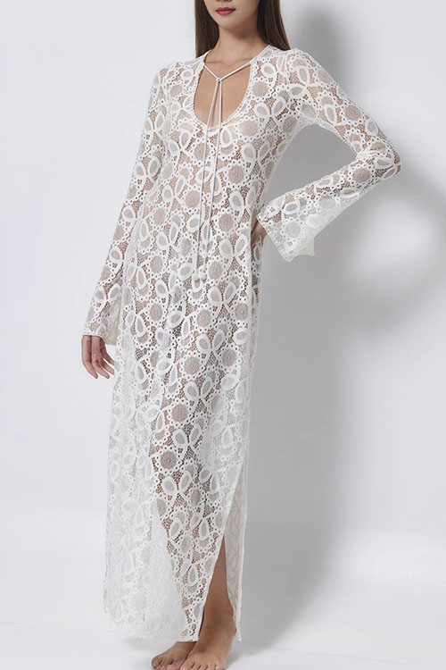 Kathiadress Loose Long Sleeve Sheer Tie Dress