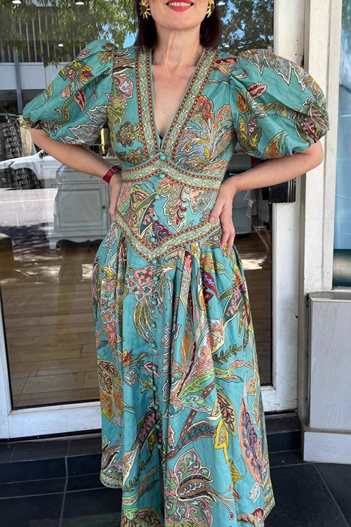 Kathiadress Resort Print Lantern Sleeve Dress