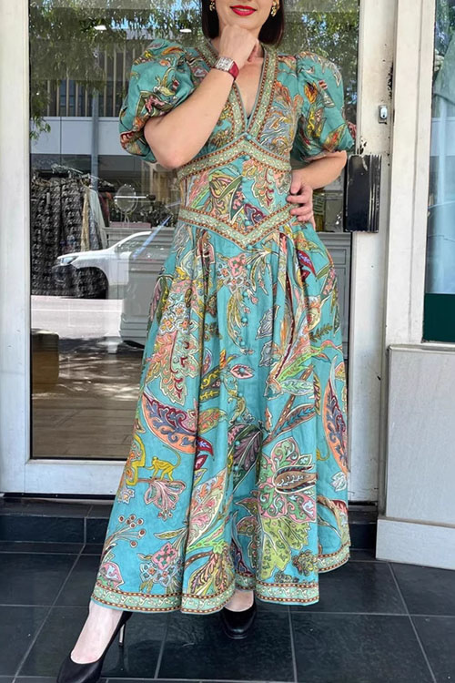 Kathiadress Resort Print Lantern Sleeve Dress