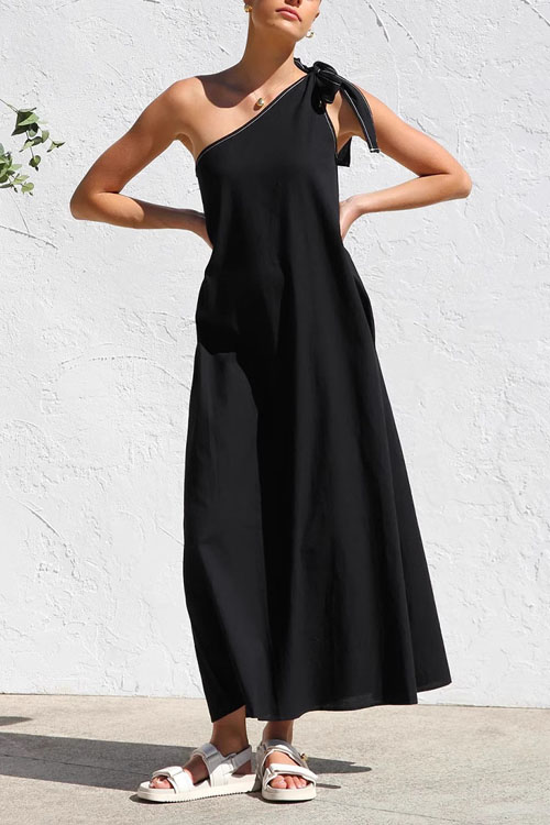Kathiadress Lace-up Elegant Slant Shoulder Dress