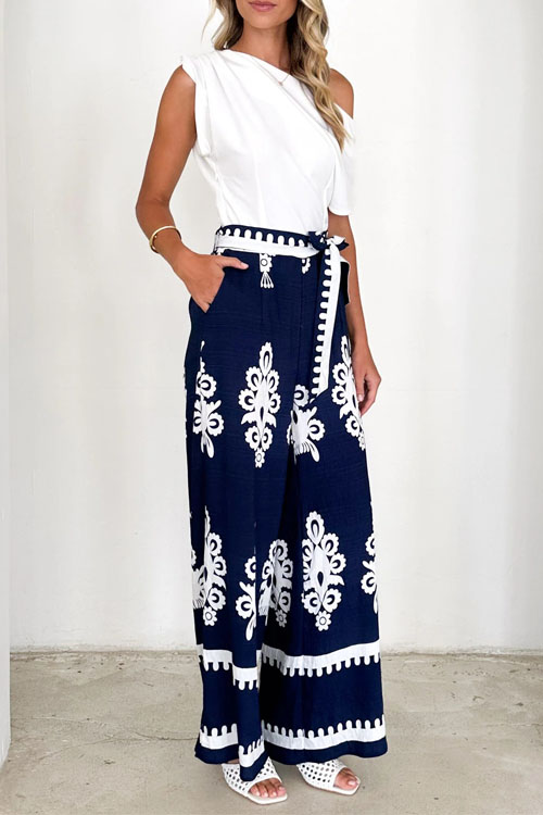 Kathiadress Positioning Printed Belted Wide Leg Straight Leg Pants