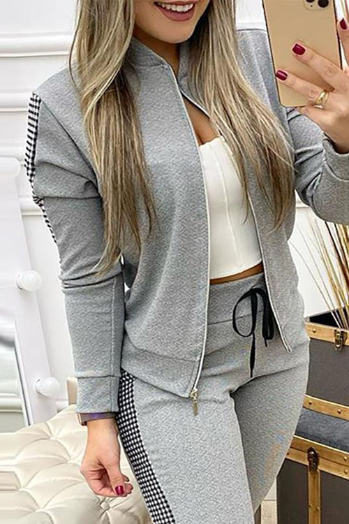 Kathiadress Long-sleeved Sporty Leisure Zippered Plaid Suit