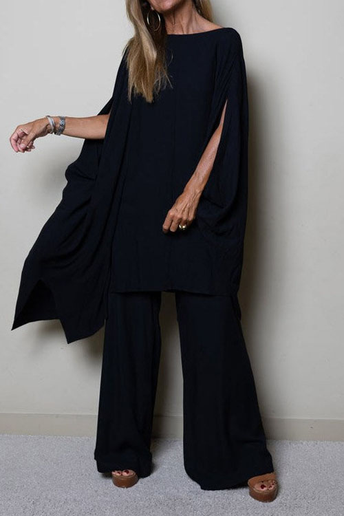 Kathiadress Solid Color Round-neck Loose Top with Relaxed Trousers Two-piece Set