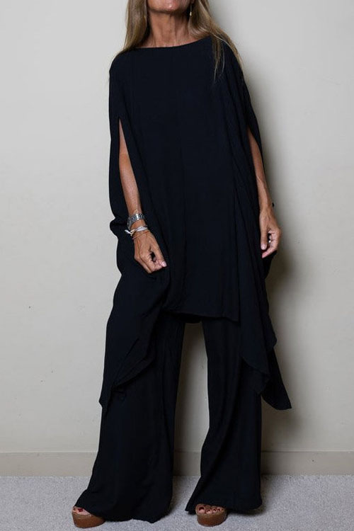 Kathiadress Solid Color Round-neck Loose Top with Relaxed Trousers Two-piece Set