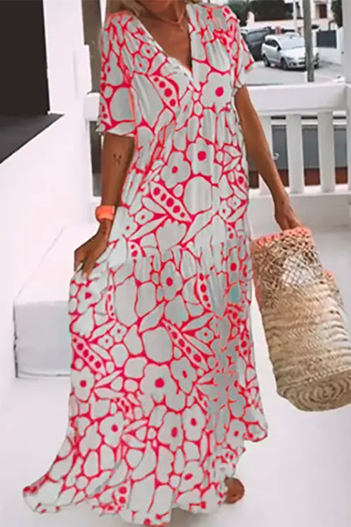 Kathiadress Printed Short-sleeve V-neck Long Dress