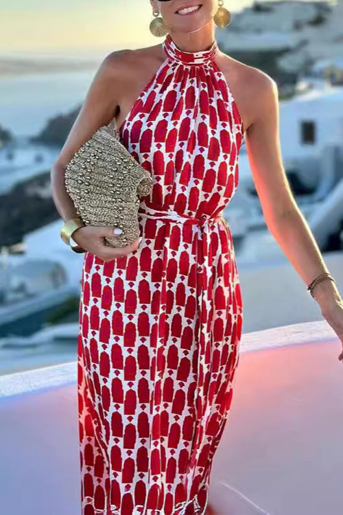 Kathiadress Printed Hanging Neck Hem Split Long Dress
