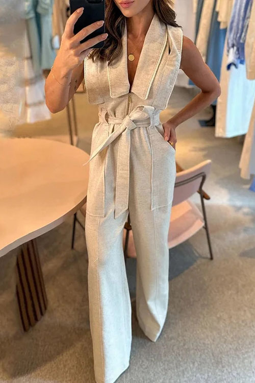 Kathiadress Stylish Polo Collar Belted Solid Color Wide-leg Jumpsuit