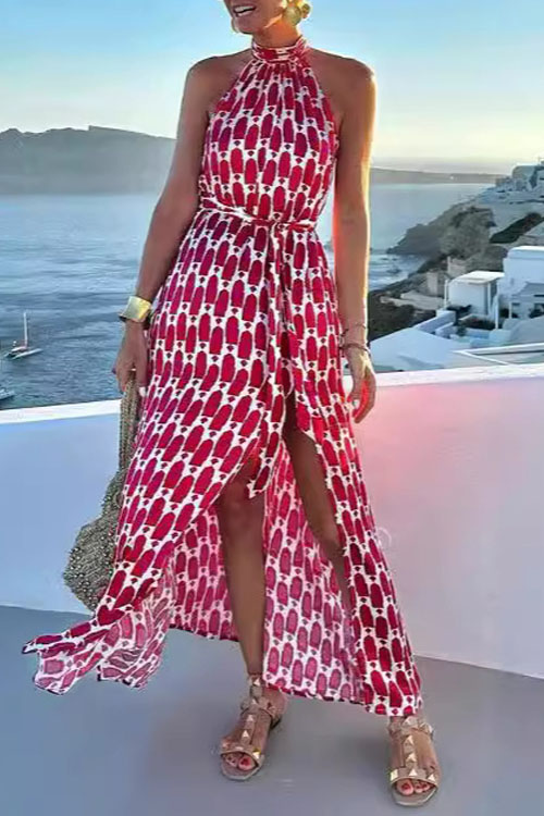 Kathiadress Printed Hanging Neck Hem Split Long Dress