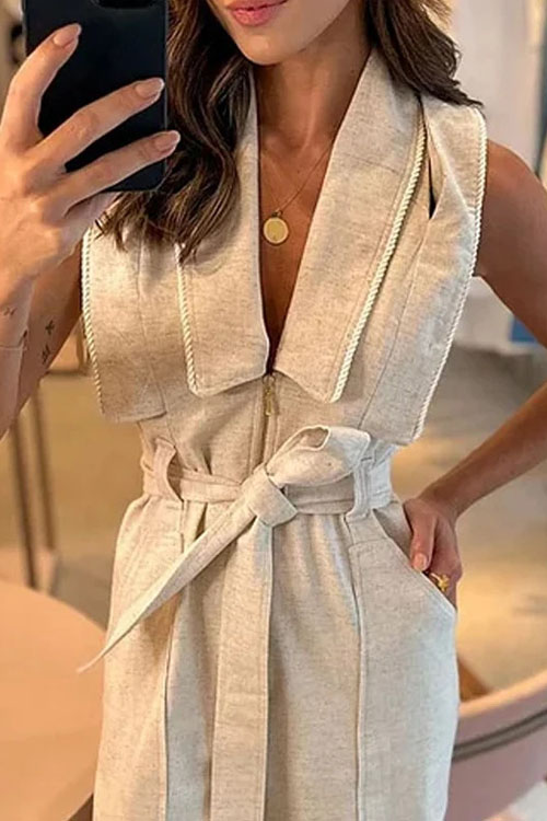 Kathiadress Stylish Polo Collar Belted Solid Color Wide-leg Jumpsuit