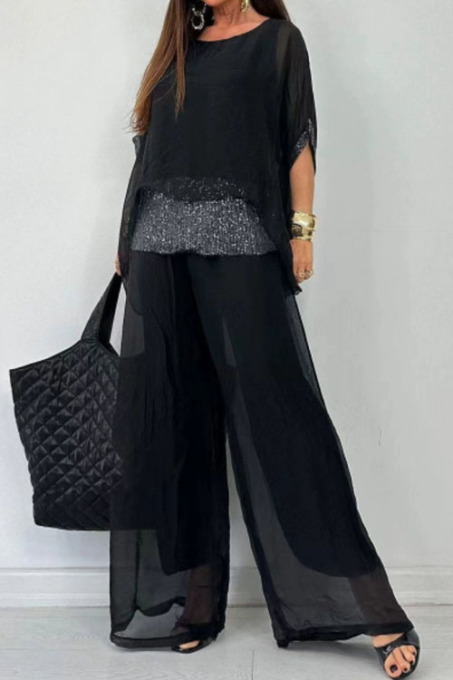 Kathiadress Chiffon Short Sleeve Beaded Patchwork Pants Casual Suit