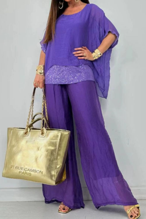 Kathiadress Chiffon Short Sleeve Beaded Patchwork Pants Casual Suit