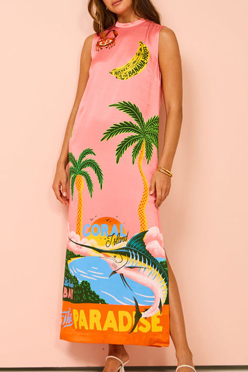 Kathiadress Sleeveless Round Neck Resort Style Casual Split Dress