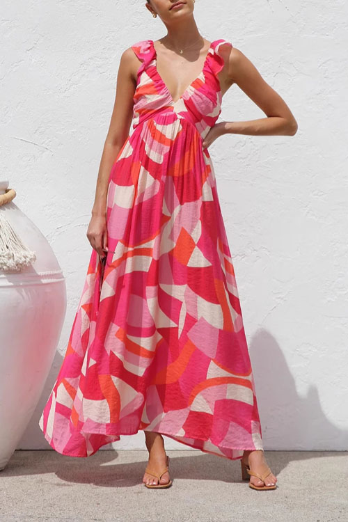 Kathiadress Printed Holiday V-Neck Big Swing Halter Long Dress