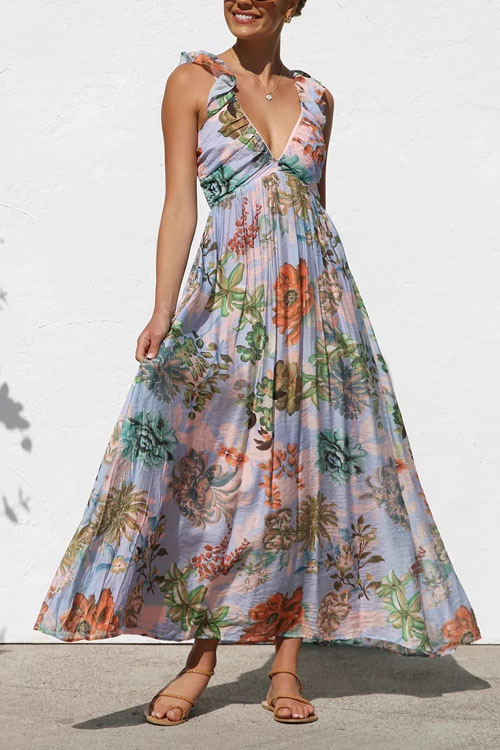 Kathiadress Printed Holiday V-Neck Big Swing Halter Long Dress