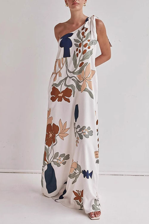 Kathiadress Slant Shoulder Printed Pocket Loose Dress