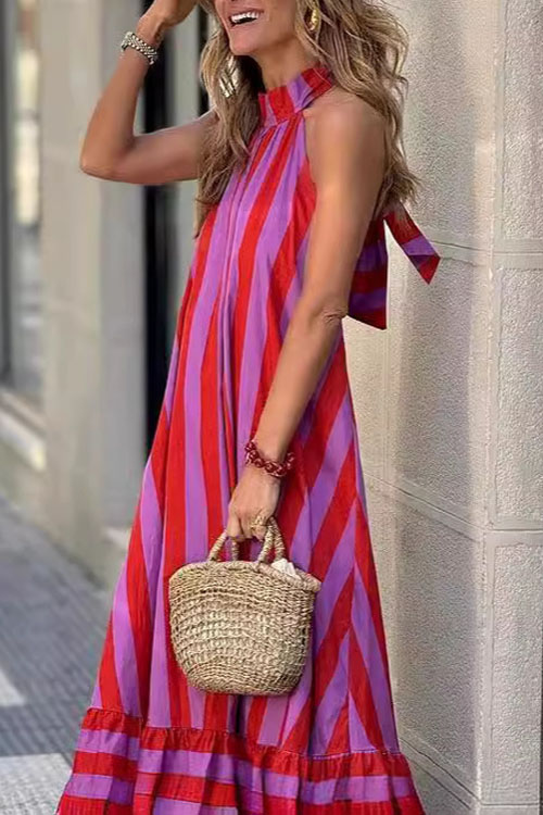 Kathiadress Neckless Backless Striped Printed Long Dress