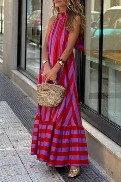 Kathiadress Neckless Backless Striped Printed Long Dress