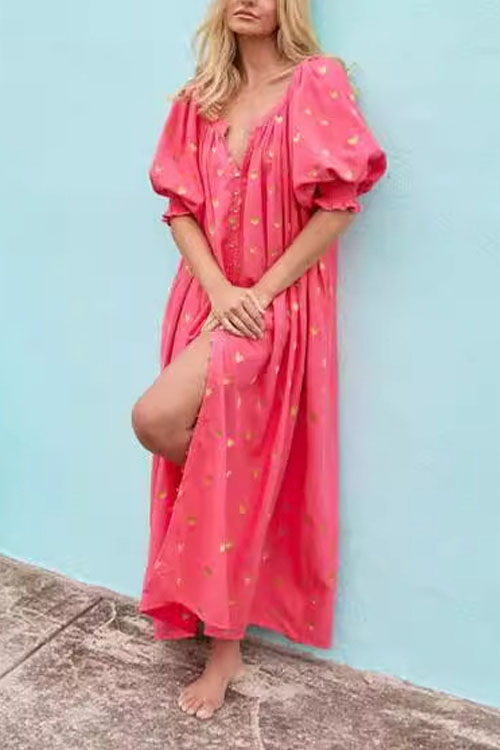 Kathiadress Summer Large Size Loose Printed Cardigan Short Sleeve Maxi Dress