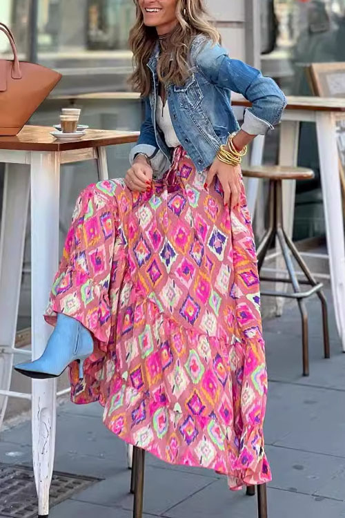 Kathiadress Street Style Chic Women's Wear Printed Maxi Skirt Ruffle Hem Skirt Midi Skirt