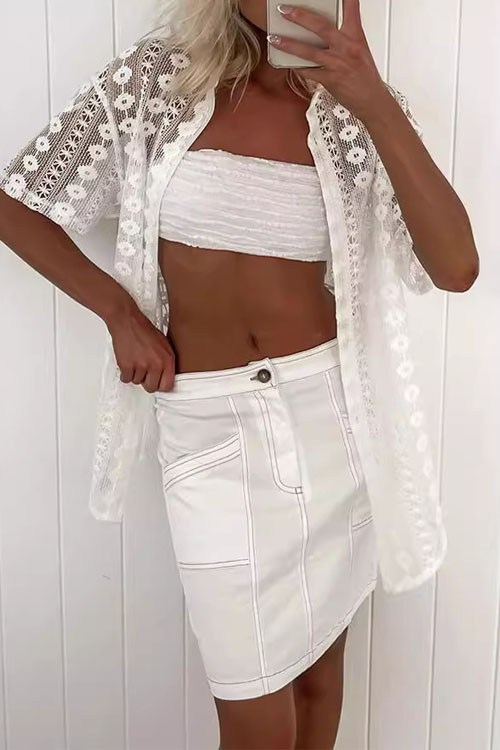 Kathiadress Casual White Lace Hollow-out Short Sleeve Cardigan & Shorts Two-piece Set