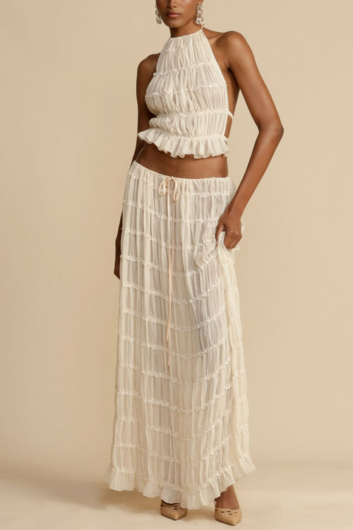 Kathiadress Backless Lace Up Hanging Neck Top Set Wooden Ear Chiffon Pleated Long Skirt Two-piece Set